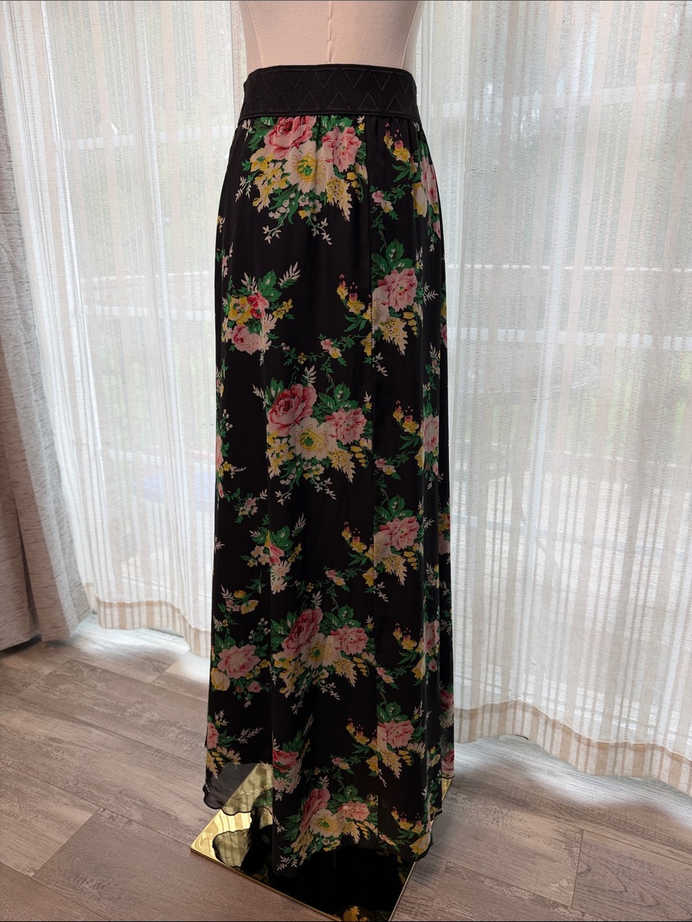 LuLaRoe Black Maxi Skirt with Pink and Green Floral Print - Picture 3 of 5